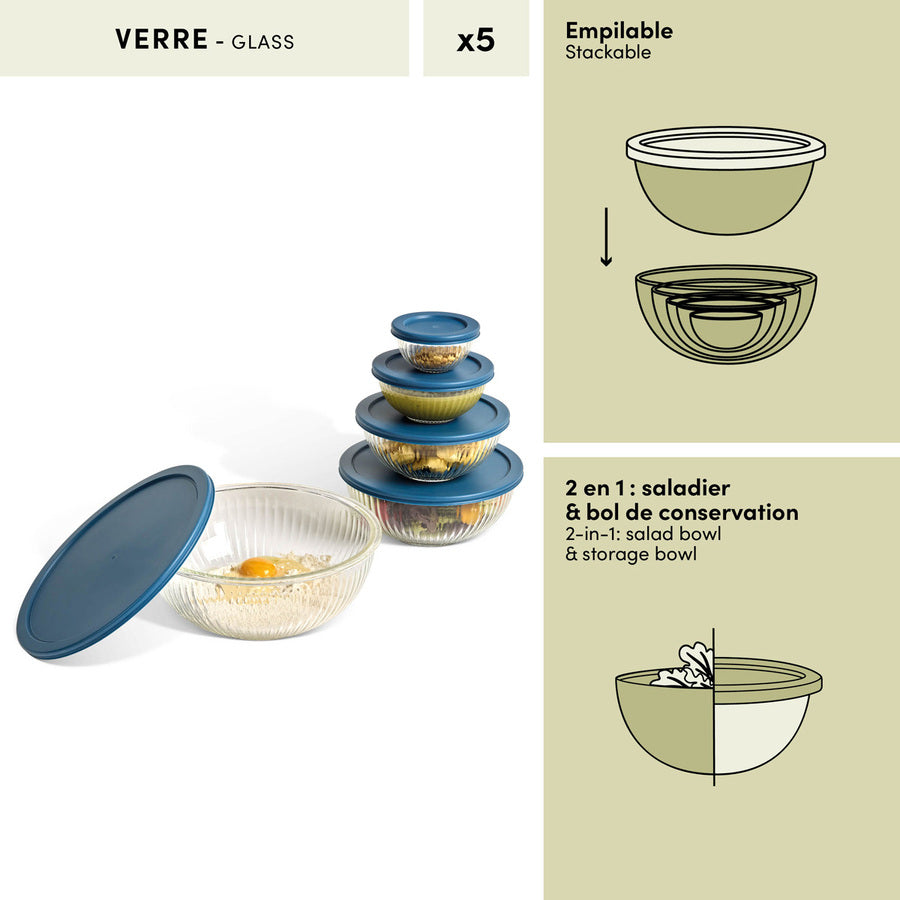 Lot de 5 saladiers avec couvercle, D.27,3 cm, Verre borosilicate, Transparent Essentiels - image 3