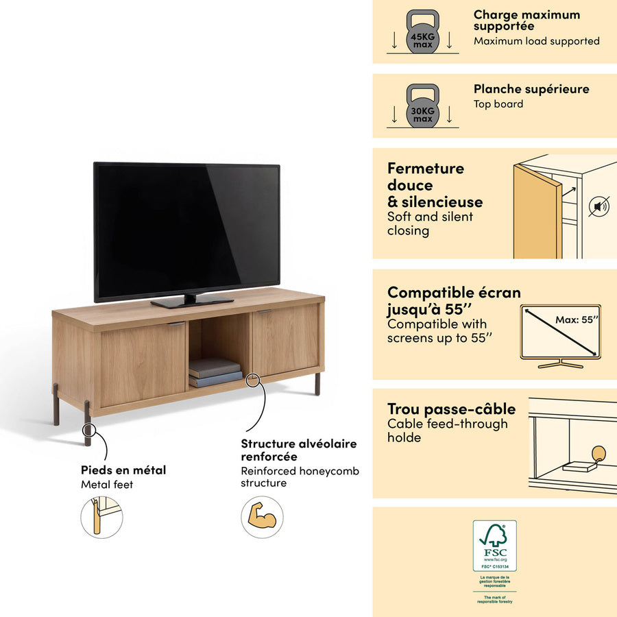 Meuble TV 2 portes, 122,5x39,5 cm, Beige Alvo - image 3