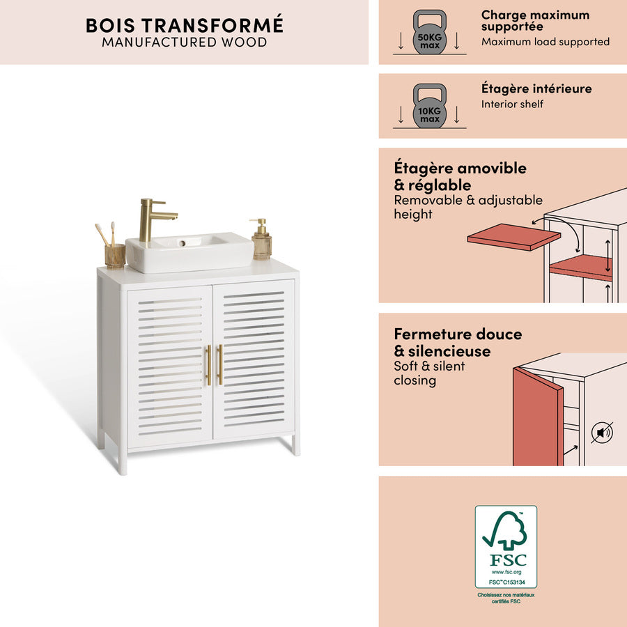 Meuble sous-lavabo 2 portes, 70x35 cm, Blanc Orea - image 3