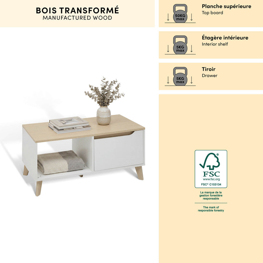 Table basse 1 porte, 90x48 cm, Blanc Luma - image 3
