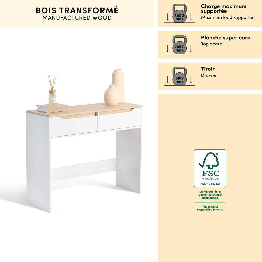 Console 2 tiroirs, 100x34 cm, Blanc Luma - image 3